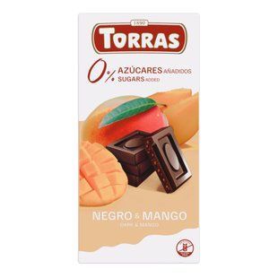 Плитка іспанського чорного шоколаду Torras Negro Mango 52% какао без цукру з додаванням шматочків натурального сушеного манго в упаковці 75 г.