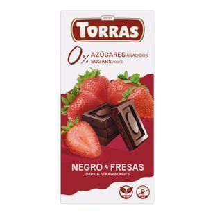 Плитка іспанського чорного шоколаду Torras Negro Fresa 52% какао без цукру з додаванням шматочків натуральної сушеної полуниці в упаковці 75 г.