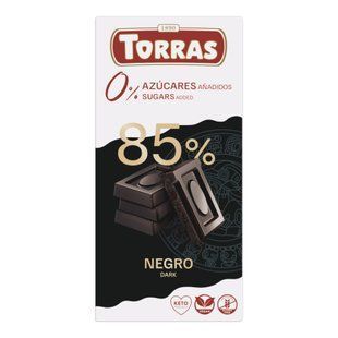 Плитка іспанського екстра-чорного шоколаду Torras Zero Dark 85% без цукру в упаковці 75 г.