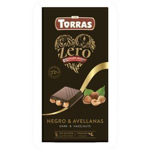 Плитка іспанського гіркого чорного шоколаду Torras Zero 72% без цукру з великою кількістю цільних ядер обсмаженого лісового горіха фундука в упаковці 150 г.