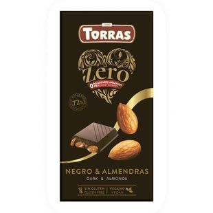 Плитка іспанського гіркого чорного шоколаду Torras Zero 72% без цукру з великою кількістю цільних ядер обсмаженого мигдалю в упаковці 150 г.