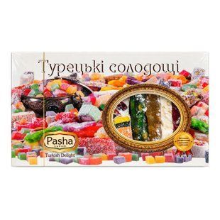 Презентабельна фірмова коробка оригінального українського рахат-лукуму Асорті Pasha Lukum вагою 400 г з різнокольоровими кондитерськими шматочками.