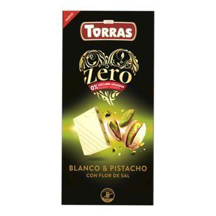 Плитка іспанського білого шоколаду Torras Zero без цукру з подрібненою фісташкою та морською сіллю в упаковці 100 г.