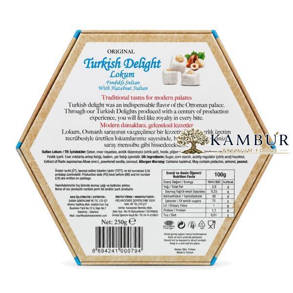 Рахат-лукум Султан з фундуком та кокосовою стружкою Sabah Original With Hazelnut Sultan 250 г (8694241000794)