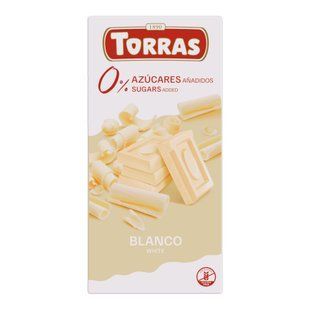 Плитка класичного іспанського білого шоколаду Torras Blanco без цукру та штучних добавок в упаковці 75 г.