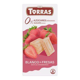 Плитка іспанського білого шоколаду Torras Blanco Fresa без цукру з додаванням натуральних шматочків сушеної полуниці в упаковці 75 г.