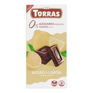 Плитка іспанського чорного шоколаду Torras Negro Lim&oacute;n 52% какао без цукру з додаванням шматочків натурального сушеного лимона в упаковці 75 г.