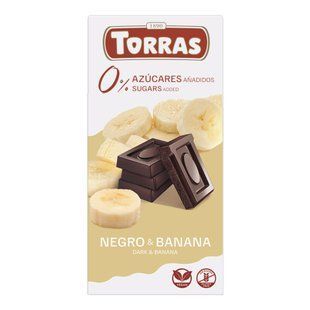 Плитка іспанського чорного шоколаду Torras Negro Pl&aacute;tano 52% какао без цукру з додаванням шматочків натурального сушеного банана в упаковці 75 г.
